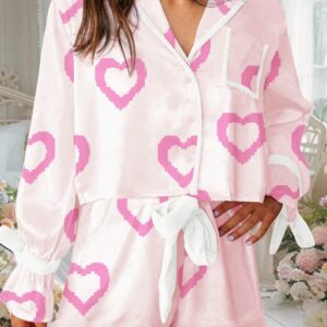 Women Valentine Day Pajamas Set Long Sleeve Heart Print Shirt Tops