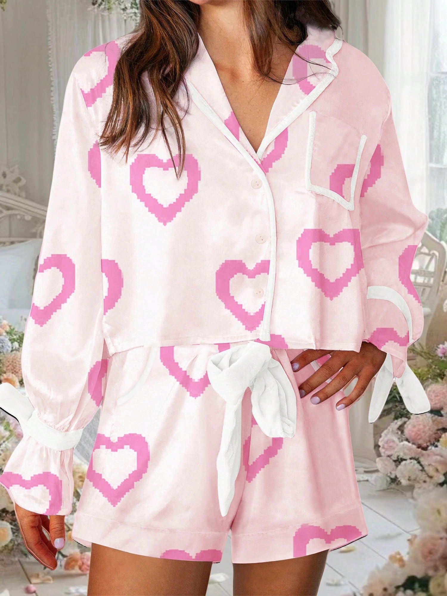 Women Valentine Day Pajamas Set Long Sleeve Heart Print Shirt Tops Women Valentine Day Pajamas Set Long Sleeve Heart Print Shirt Tops