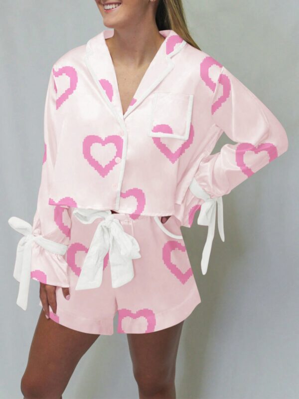 Women Valentine Day Pajamas Set Long Sleeve Heart Print Shirt Tops