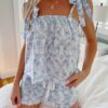 Women Y2k 2 Piece Pajamas Sets Ruffle Trim Floral Print Sleepwear Suits Sleeveless Backless Tie Up Crop Tank Tops And Drawstring High Waist Loose Fit Shorts Summer Casual Pjs Outfits Soft Sleepwear main 2