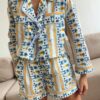 Womens 2 Piece Pajamas Sets Casual Outfits Long Sleeve Oversized Tie Front Shirt Floral Stripe Print Tops Wide Leg Shorts Sets Loungewear Homewear Sleepwear Summer Clothes main 1