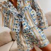 Womens 2 Piece Pajamas Sets Casual Outfits Long Sleeve Oversized Tie Front Shirt Floral Stripe Print Tops Wide Leg Shorts Sets Loungewear Homewear Sleepwear Summer Clothes main 3