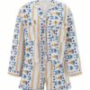 Womens 2 Piece Pajamas Sets Casual Outfits Long Sleeve Oversized Tie Front Shirt Floral Stripe Print Tops Wide Leg Shorts Sets Loungewear Homewear Sleepwear Summer Clothes main 6