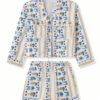 Womens 2 Piece Pajamas Sets Casual Outfits Long Sleeve Oversized Tie Front Shirt Floral Stripe Print Tops Wide Leg Shorts Sets Loungewear Homewear Sleepwear Summer Clothes main 7