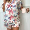 Womens Fourth Of July Satin Silk Pajamas Set Y2k American Flag Bow Firework Print Loungewear Short Sleeve Tie Front Shirt And Loose Shorts Set Sleepwear Casual Summer Patriotic Loungewear main 1