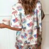 Womens Fourth Of July Satin Silk Pajamas Set Y2k American Flag Bow Firework Print Loungewear Short Sleeve Tie Front Shirt And Loose Shorts Set Sleepwear Casual Summer Patriotic Loungewear main 3