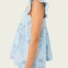 Womens Loungewear Sets Y2k 2 Pieces Sleepwear Outfits Solid Color Floral Print Rippled Edge Pajamas Sets Fly Sleeve Square Neck Backless Tops And Loose Fit Shorts Loungewear Outfits Summer Soft Sleepwea (2)