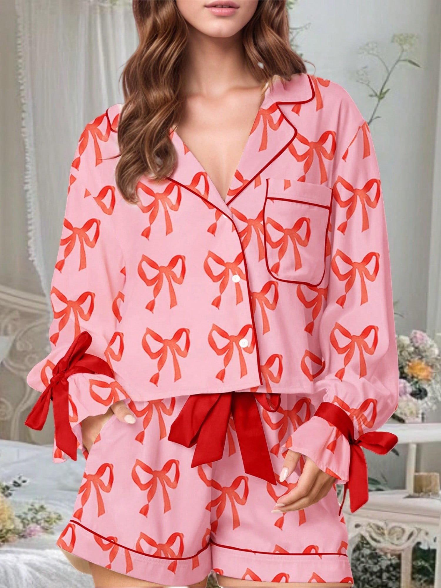 Women Valentine Day Heart Print Shirt Tops Drawstring Boy Shorts Lounge Sets Women Valentine Day Heart Print Shirt Tops Drawstring Boy Shorts Lounge Sets