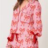 Womens Valentines Day Pjamas Sets Bow Tie Long Sleeve Laple Collar Bow Heart Print Shirt Tops Drawstring Boy Shorts Lounge Sets 2 Pieces Sleepwear Pjs Sets Homewear main 2