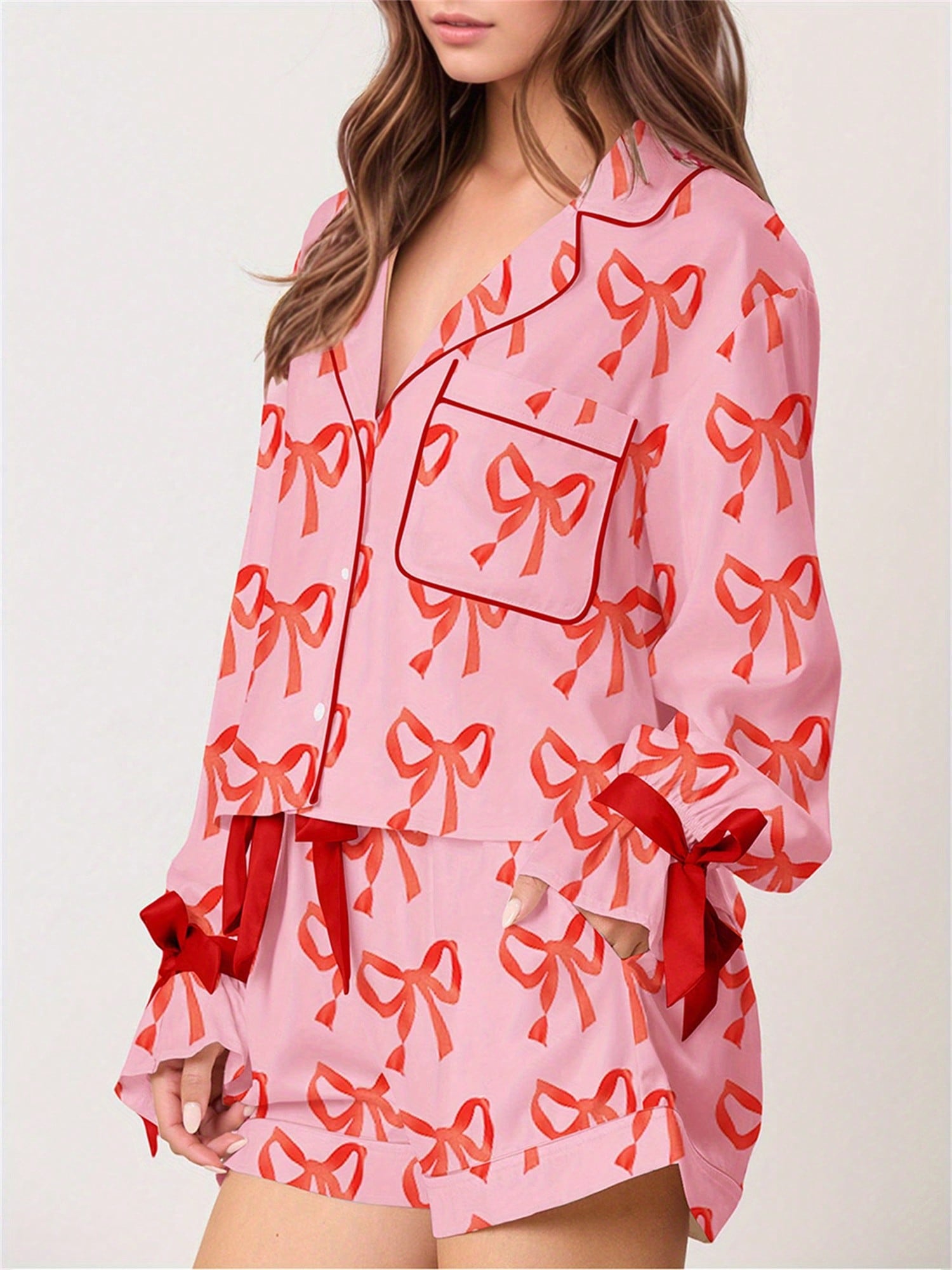 Women Valentine Day Heart Print Shirt Tops Drawstring Boy Shorts Lounge Sets Women Valentine Day Heart Print Shirt Tops Drawstring Boy Shorts Lounge Sets