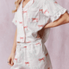 Womens Y2K Summer Pajama Set Cute Bow Pattern Short Sleeve Button Up Tops And Drawstring Shorts 2 Pcs Lounge Outfit Sleepwear main 0