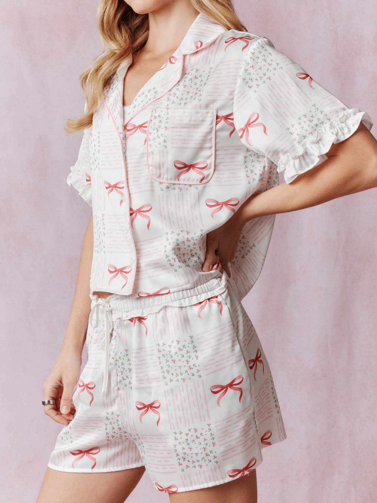 Summer Pajama Set Cute Bow Pattern Short Sleeve Summer Pajama Set Cute Bow Pattern Short Sleeve