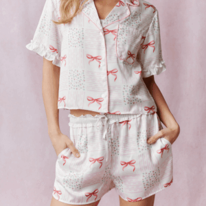 Summer Pajama Set Cute Bow Pattern Short Sleeve