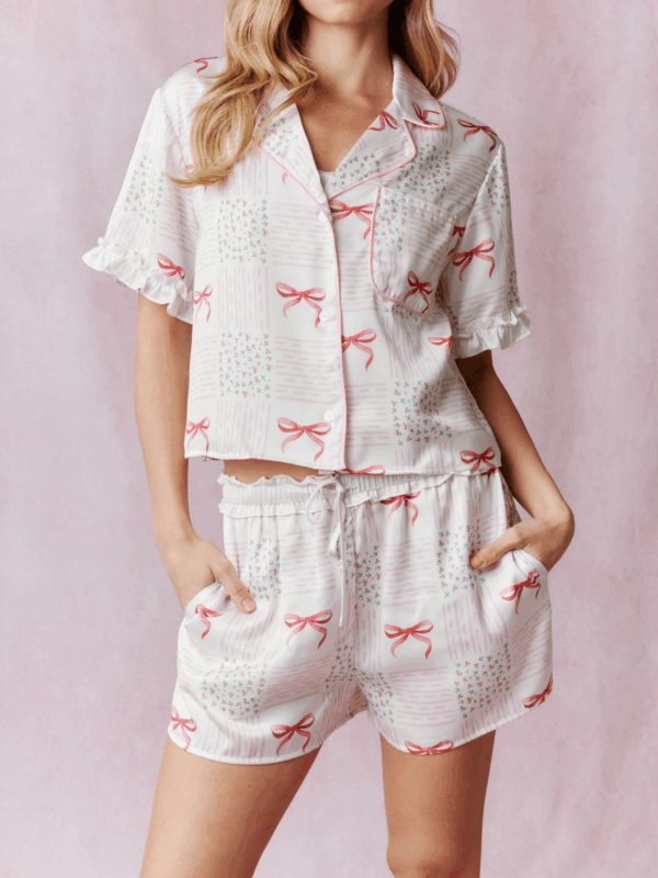 Summer Pajama Set Cute Bow Pattern Short Sleeve