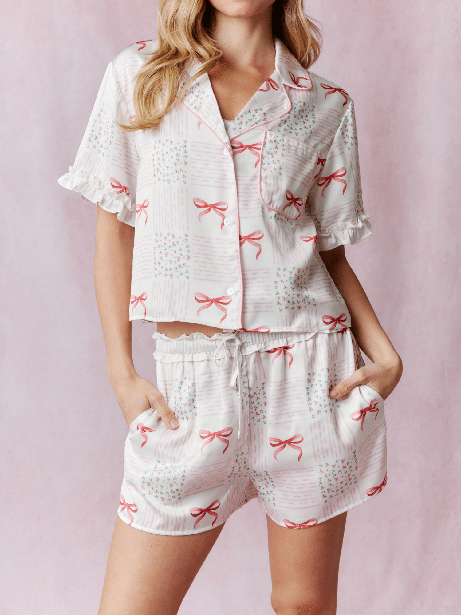 Summer Pajama Set Cute Bow Pattern Short Sleeve Summer Pajama Set Cute Bow Pattern Short Sleeve