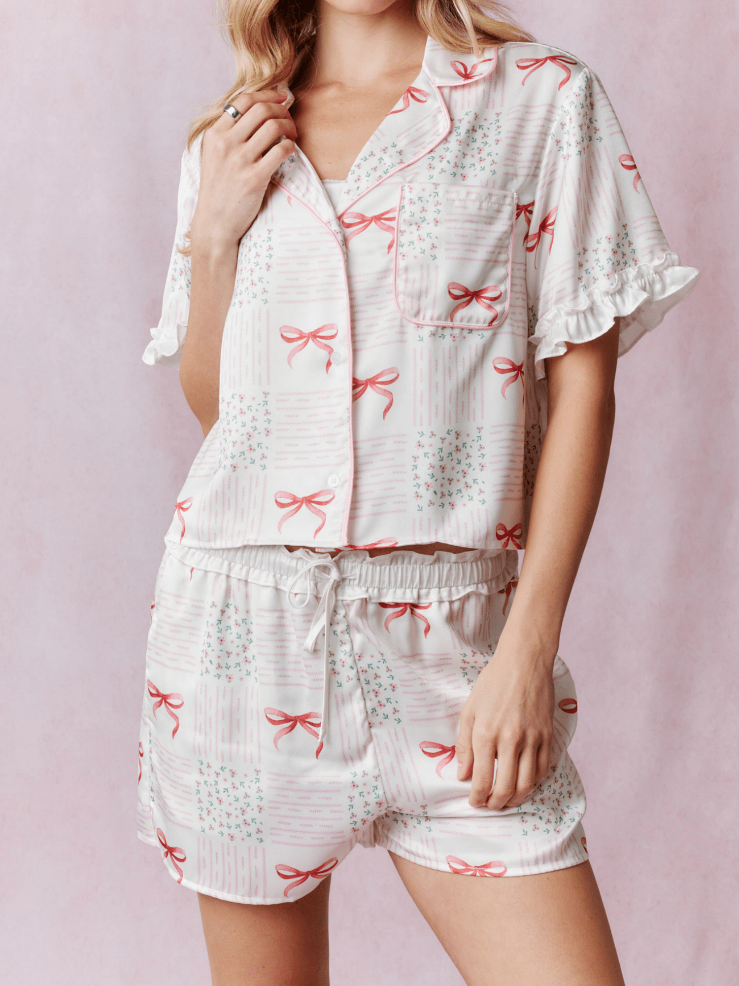 Summer Pajama Set Cute Bow Pattern Short Sleeve Summer Pajama Set Cute Bow Pattern Short Sleeve