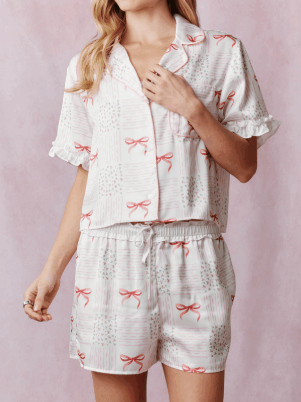 Summer Pajama Set Cute Bow Pattern Short Sleeve