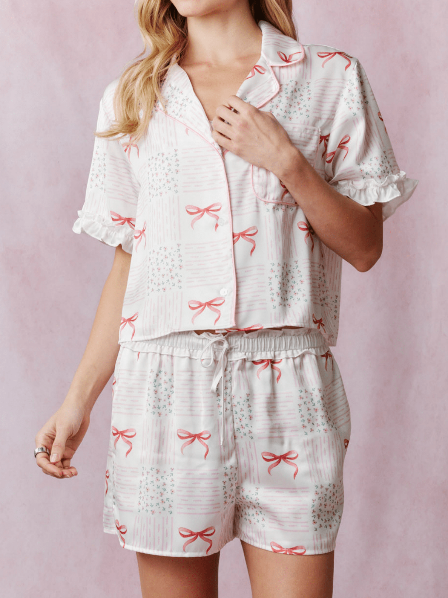 Summer Pajama Set Cute Bow Pattern Short Sleeve Summer Pajama Set Cute Bow Pattern Short Sleeve