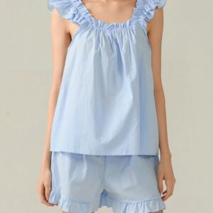 Pajamas Set Fashion Ruffle Trim Tank Tops And Casual Shorts Set
