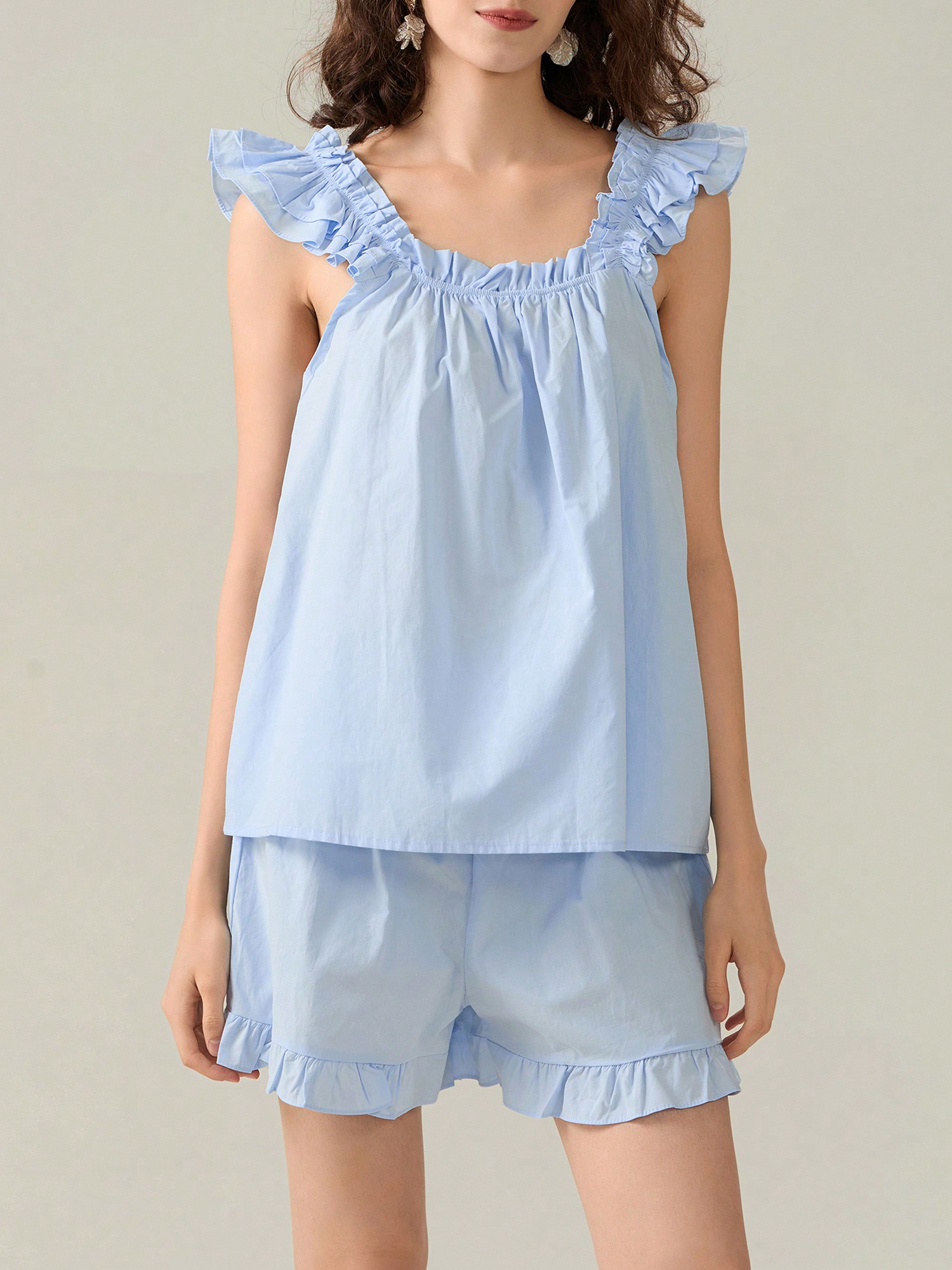 Pajamas Set Fashion Ruffle Trim Tank Tops And Casual Shorts Set Pajamas Set Fashion Ruffle Trim Tank Tops And Casual Shorts Set