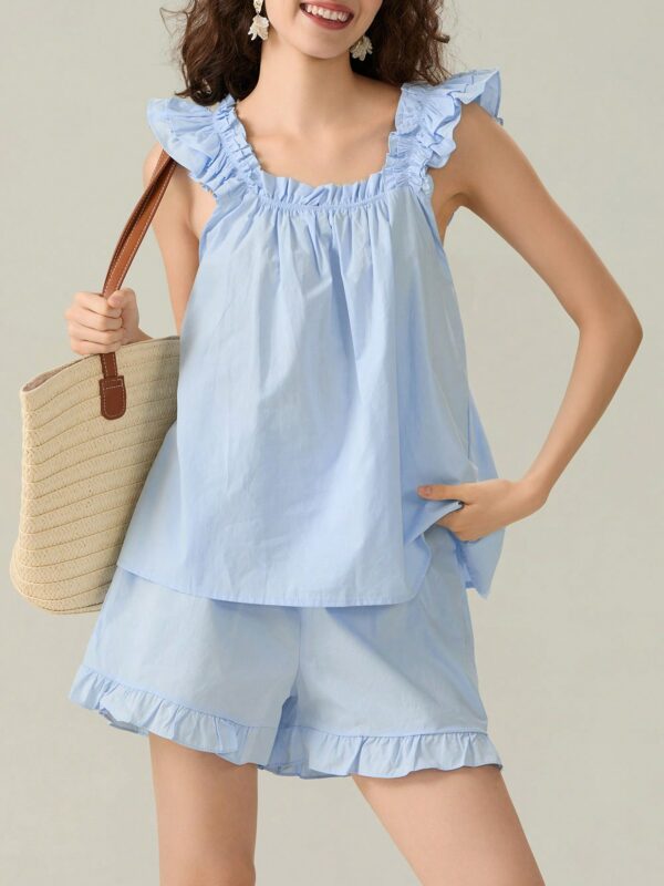 Pajamas Set Fashion Ruffle Trim Tank Tops And Casual Shorts Set