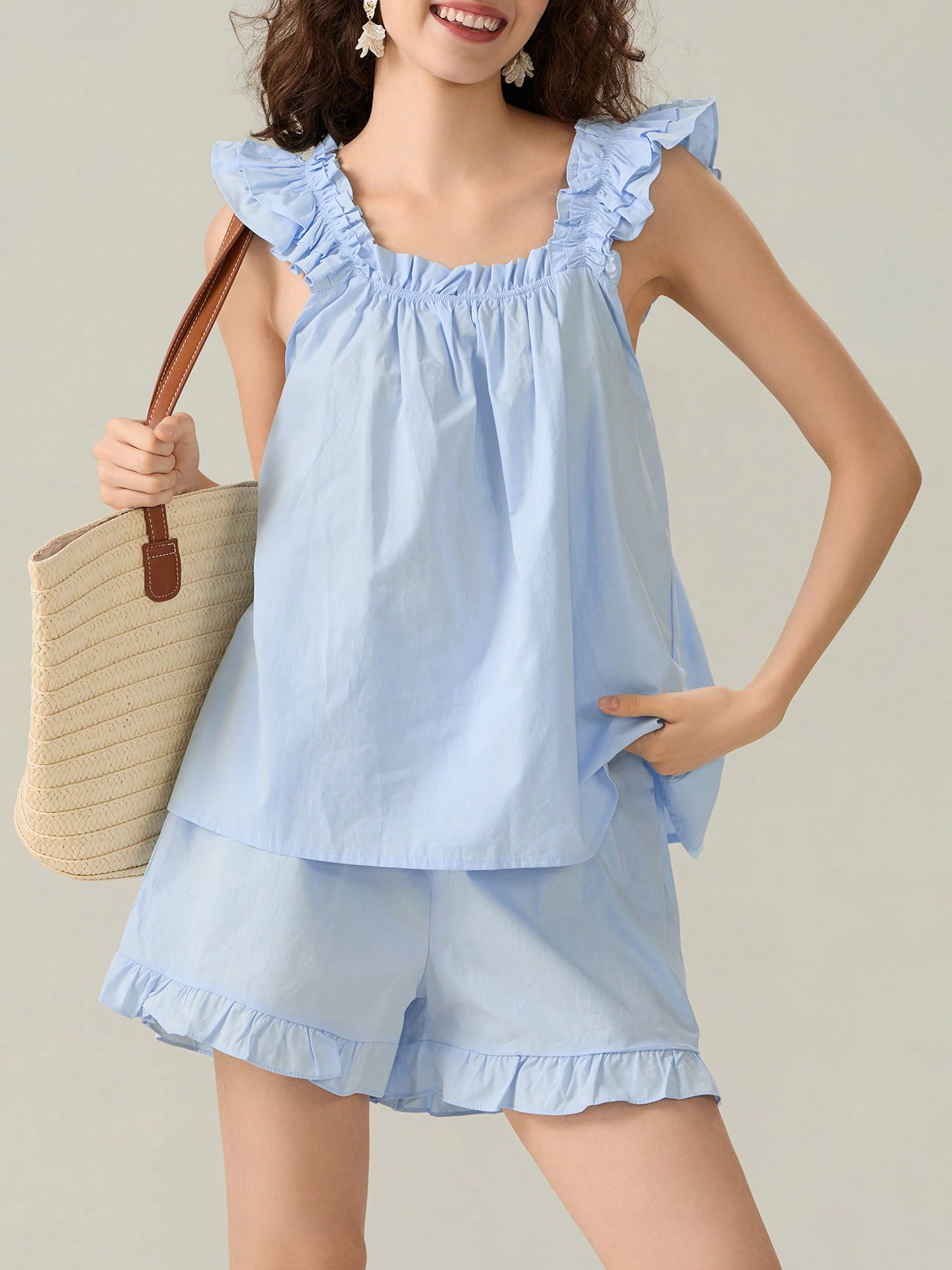 Pajamas Set Fashion Ruffle Trim Tank Tops And Casual Shorts Set Pajamas Set Fashion Ruffle Trim Tank Tops And Casual Shorts Set