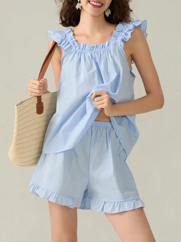 Pajamas Set Fashion Ruffle Trim Tank Tops And Casual Shorts Set